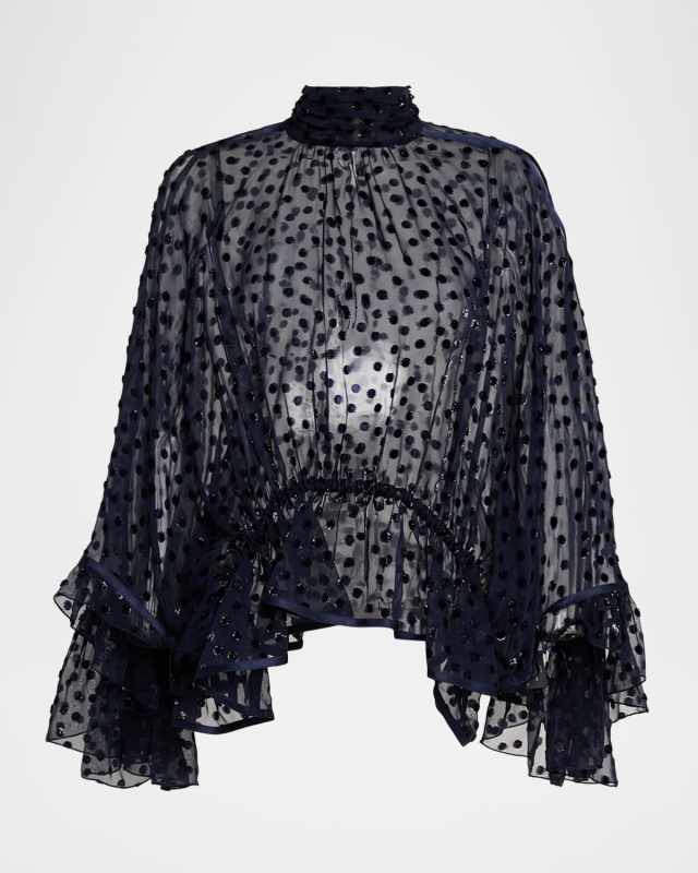 Polka Dot Sheer High-Neck Peplum Blouse